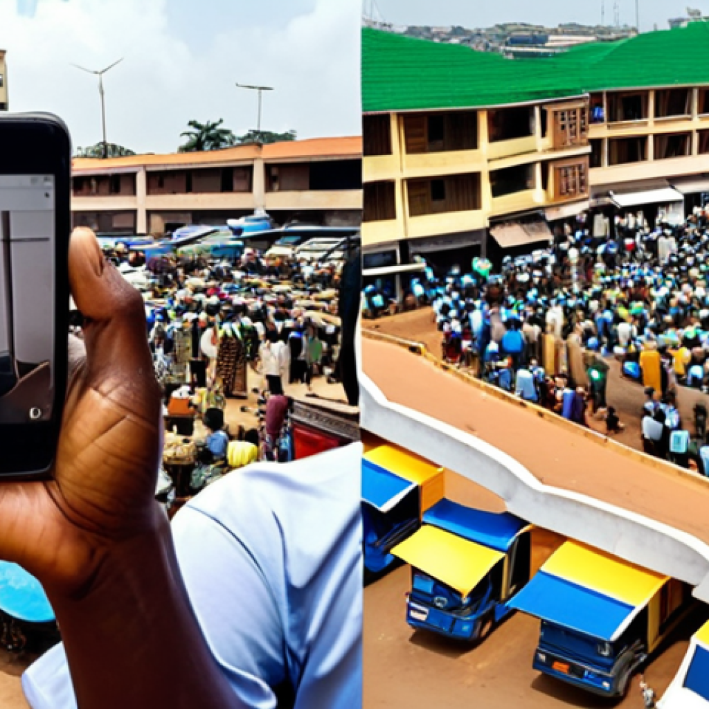 **Image:** A split screen. One side shows a busy market scene in Accra, Ghana, with people using smartphones. The other side shows a technician installing fiber optic cables in a modern office building in the same city. The image highlights the contrast between mobile data usage and the rise of fiber internet in urban areas.