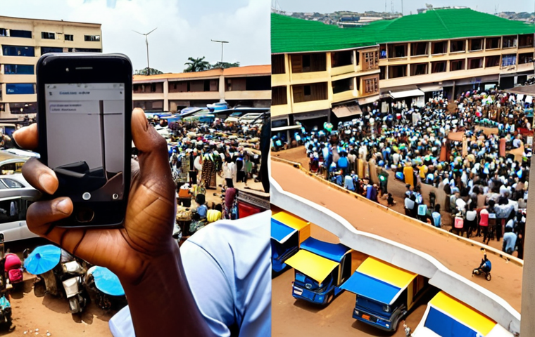**Image:** A split screen. One side shows a busy market scene in Accra, Ghana, with people using smartphones. The other side shows a technician installing fiber optic cables in a modern office building in the same city. The image highlights the contrast between mobile data usage and the rise of fiber internet in urban areas.