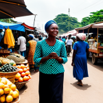 A person fully clothed in modest, everyday attire with subtle African-inspired patterns, navigating a bustling outdoor market in Accra, Ghana. Colorful stalls overflow with goods like tropical fruits and handcrafted items, and people are seen interacting in the vibrant foreground. A distinctive "tro-tro" minivan is visible in the background, adding to the authentic street scene. The image is captured with professional photography, high resolution, under bright, natural lighting, depicting a lively and energetic atmosphere. Safe for work, appropriate content, professional, perfect anatomy, correct proportions, natural pose, well-formed hands, proper finger count, natural body proportions.