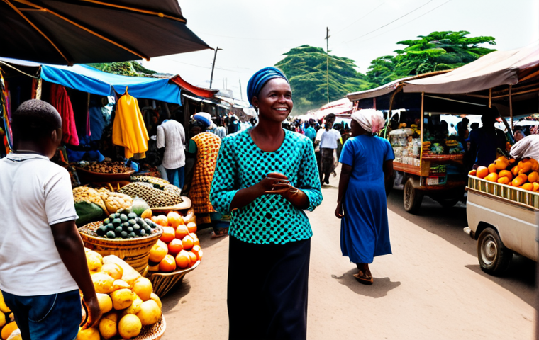 A person fully clothed in modest, everyday attire with subtle African-inspired patterns, navigating a bustling outdoor market in Accra, Ghana. Colorful stalls overflow with goods like tropical fruits and handcrafted items, and people are seen interacting in the vibrant foreground. A distinctive "tro-tro" minivan is visible in the background, adding to the authentic street scene. The image is captured with professional photography, high resolution, under bright, natural lighting, depicting a lively and energetic atmosphere. Safe for work, appropriate content, professional, perfect anatomy, correct proportions, natural pose, well-formed hands, proper finger count, natural body proportions.